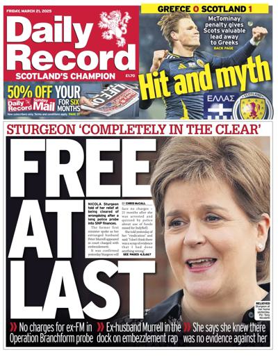 Daily Record Newspaper Front Page (UK) for 21 March 2025