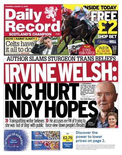Daily Record Newspaper Front Page (UK) for 21 August 2025