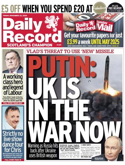 Daily Record Newspaper Front Page (UK) for 22 November 2024