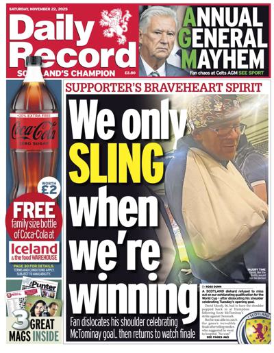 Daily Record Newspaper Front Page (UK) for 22 November 2025