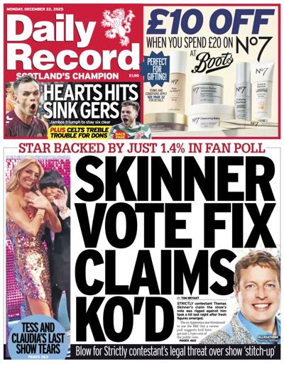 Daily Record Newspaper Front Page (UK) for 22 December 2025