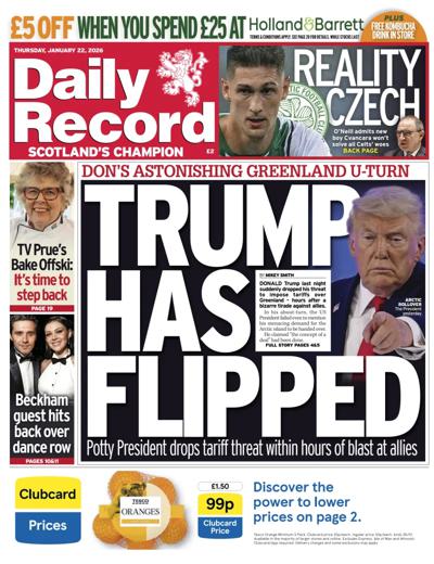 Daily Record Newspaper Front Page (UK) for 22 January 2026