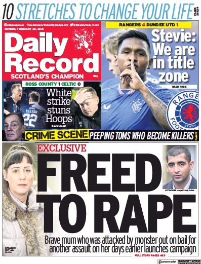 Daily Record Newspaper Front Page (UK) for 22 February 2021