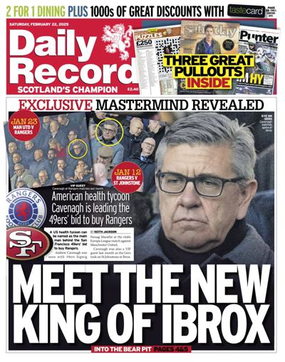 Daily Record Newspaper Front Page (UK) for 22 February 2025