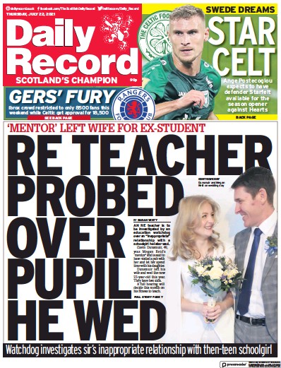 Daily Record Newspaper Front Page (UK) for 22 July 2021