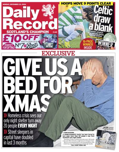 Daily Record Newspaper Front Page (UK) for 23 December 2024