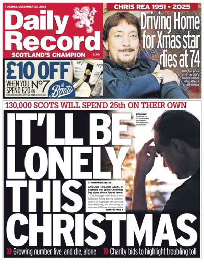 Daily Record Newspaper Front Page (UK) for 23 December 2025