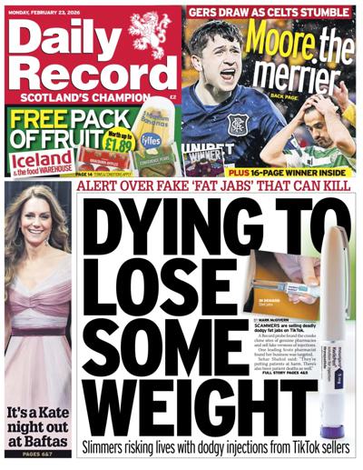 Daily Record Newspaper Front Page (UK) for 23 February 2026