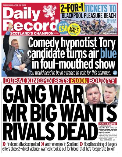 Daily Record Newspaper Front Page (UK) for 23 April 2025
