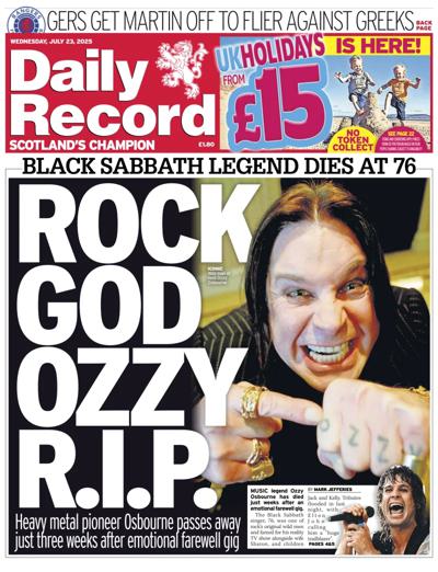 Daily Record Newspaper Front Page (UK) for 23 July 2025