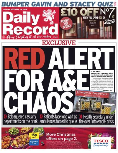 Daily Record Newspaper Front Page (UK) for 24 December 2024