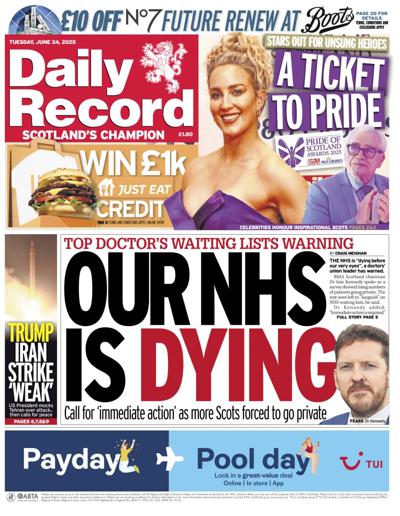Daily Record Newspaper Front Page (UK) for 24 June 2025