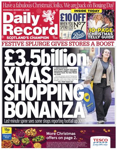 Daily Record Newspaper Front Page (UK) for 25 December 2025