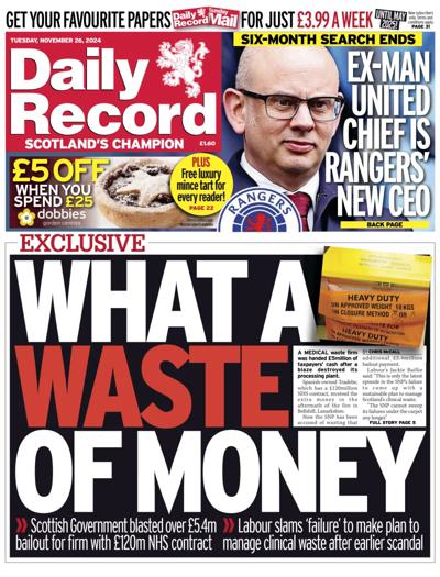 Daily Record Newspaper Front Page (UK) for 26 November 2024