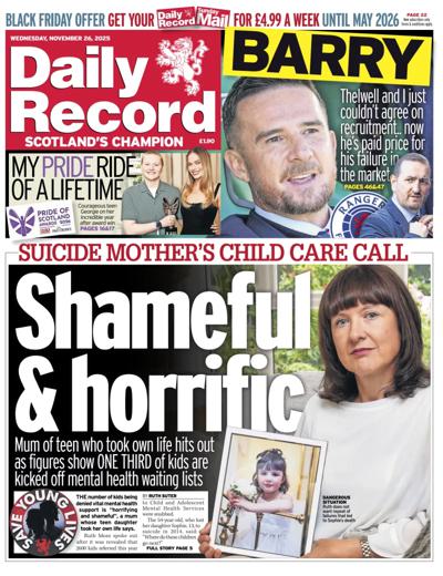 Daily Record Newspaper Front Page (UK) for 26 November 2025