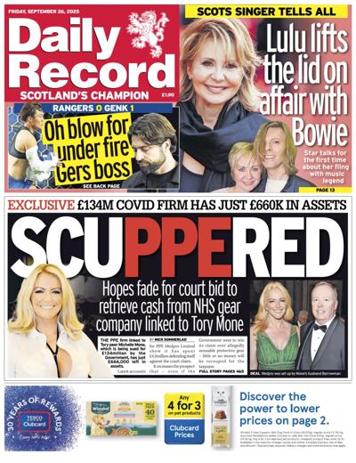 Daily Record Newspaper Front Page (UK) for 26 September 2025