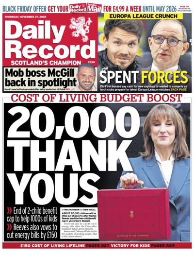 Daily Record Newspaper Front Page (UK) for 27 November 2025