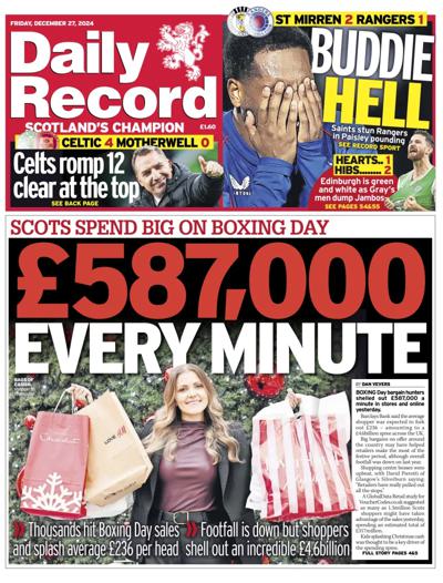 Daily Record Newspaper Front Page (UK) for 27 December 2024