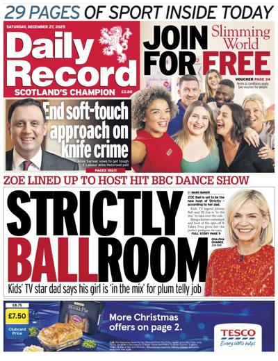 Daily Record Newspaper Front Page (UK) for 27 December 2025