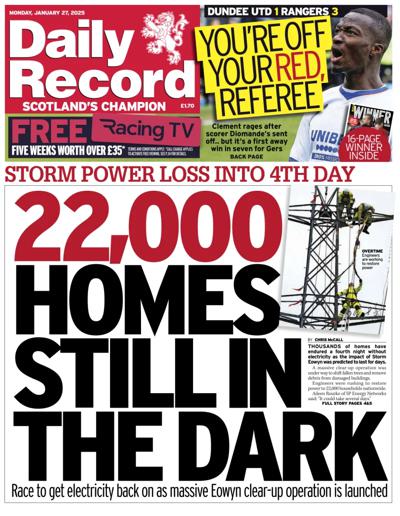 Daily Record Newspaper Front Page (UK) for 27 January 2025