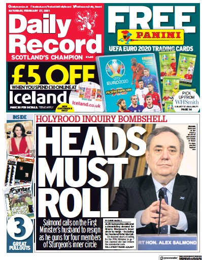 Daily Record Newspaper Front Page (UK) for 27 February 2021