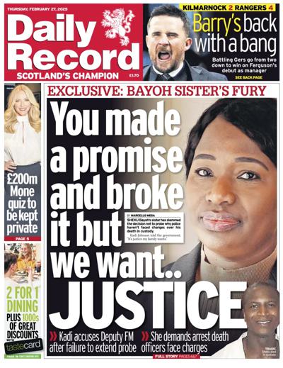 Daily Record Newspaper Front Page (UK) for 27 February 2025