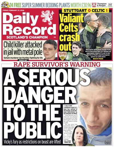 Daily Record Newspaper Front Page (UK) for 27 February 2026