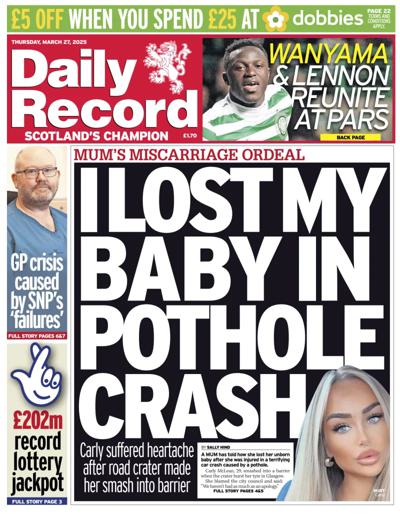 Daily Record Newspaper Front Page (UK) for 27 March 2025