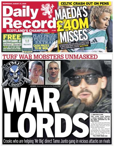 Daily Record Newspaper Front Page (UK) for 27 August 2025