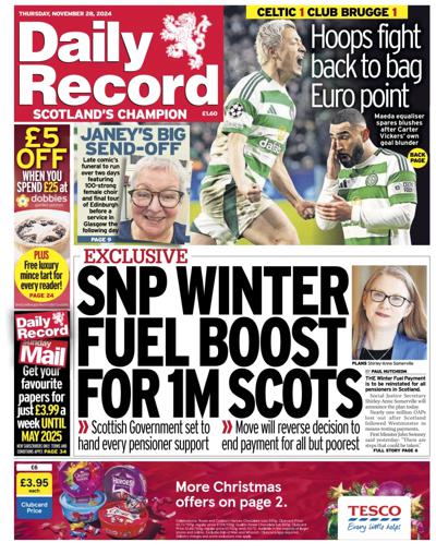 Daily Record Newspaper Front Page (UK) for 28 November 2024