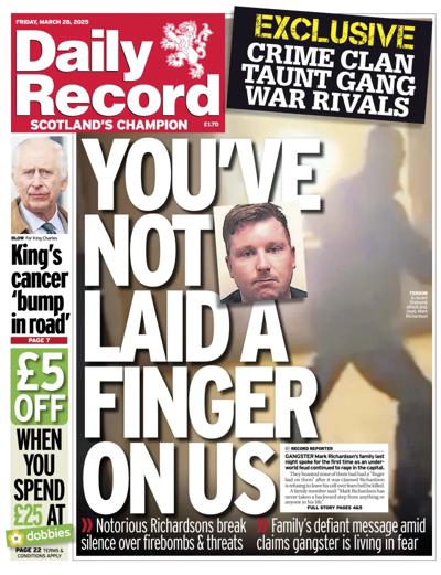 Daily Record Newspaper Front Page (UK) for 28 March 2025