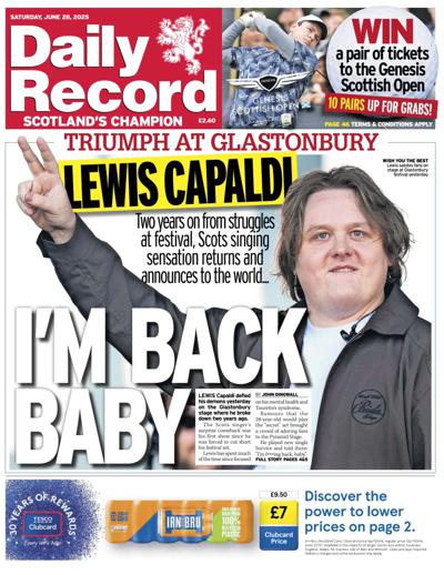 Daily Record Newspaper Front Page (UK) for 28 June 2025