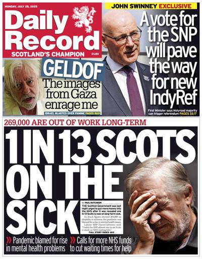 Daily Record Newspaper Front Page (UK) for 28 July 2025