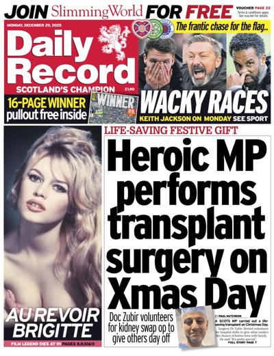 Daily Record Newspaper Front Page (UK) for 29 December 2025