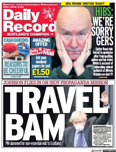 Daily Record Newspaper Front Page (UK) for 29 January 2021