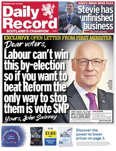 Daily Record Newspaper Front Page (UK) for 29 May 2025