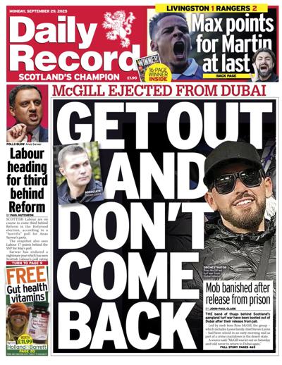 Daily Record Newspaper Front Page (UK) for 29 September 2025