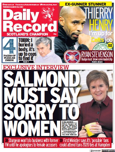 Daily Record Newspaper Front Page (UK) for 30 March 2021