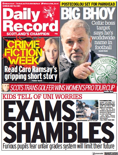 Daily Record Newspaper Front Page (UK) for 31 May 2021