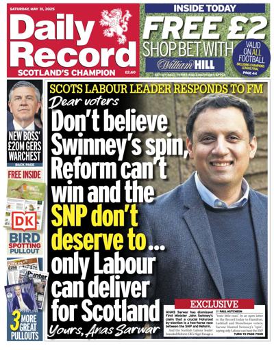 Daily Record Newspaper Front Page (UK) for 31 May 2025
