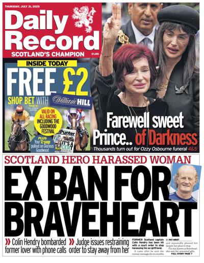 Daily Record Newspaper Front Page (UK) for 31 July 2025