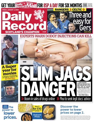 Daily Record Newspaper Front Page (UK) for 3 January 2025