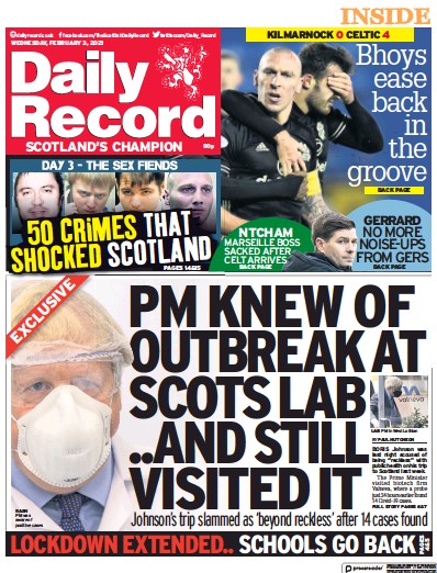 Daily Record Newspaper Front Page (UK) for 3 February 2021