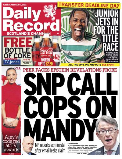 Daily Record Newspaper Front Page (UK) for 3 February 2026