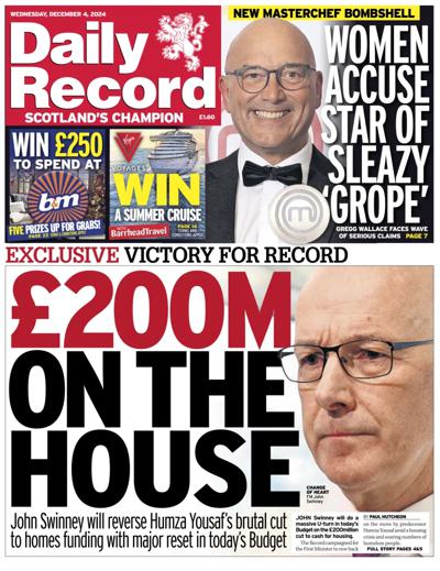 Daily Record Newspaper Front Page (UK) for 4 December 2024