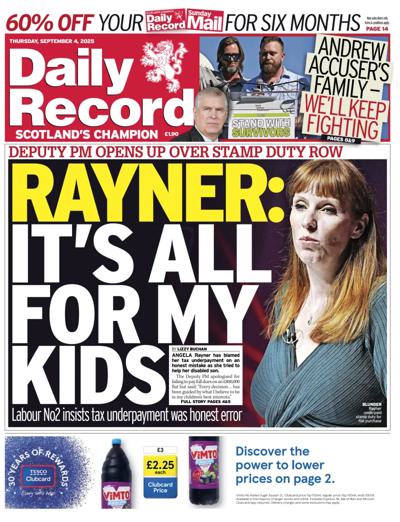 Daily Record Newspaper Front Page (UK) for 4 September 2025