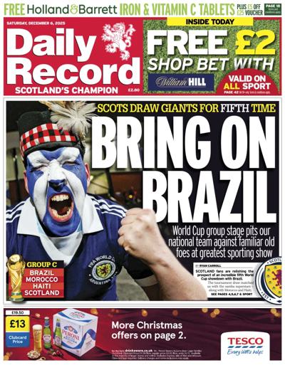 Daily Record Newspaper Front Page (UK) for 6 December 2025