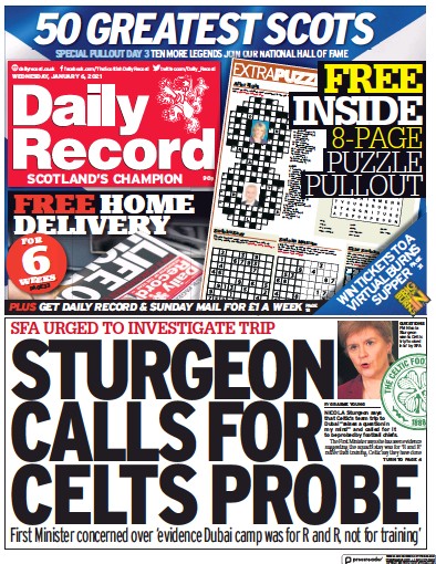 Daily Record Newspaper Front Page (UK) for 6 January 2021