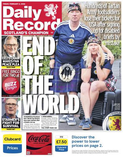 Daily Record Newspaper Front Page (UK) for 6 February 2026