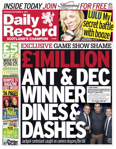 Daily Record Newspaper Front Page (UK) for 6 September 2025